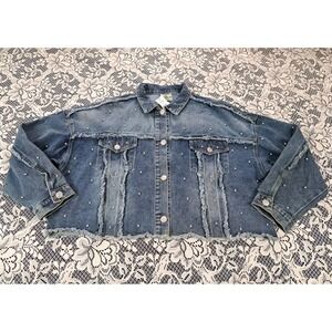 Vocal Jean Jacket L Cropped Oversized Denim Embellished Studs Bling Pockets NWT‎